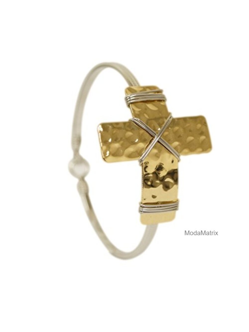 Vintage Hammered Brass Cross Bangle Bracelet with Hook Clasp